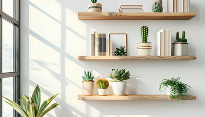 Modern shelves with books and cacti hanging on light wall