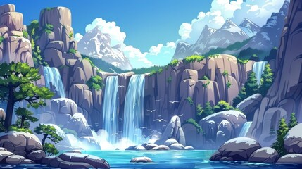 The water stream cascades through the rocks, falling into the sea or into a lake, leaving a pond. The falling water stream cascades over stone ledges near snowy peaks in blue clouds. Cartoon modern