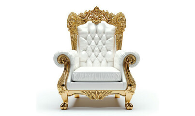 Golden luxury throne chair white leather seats isolated on white background