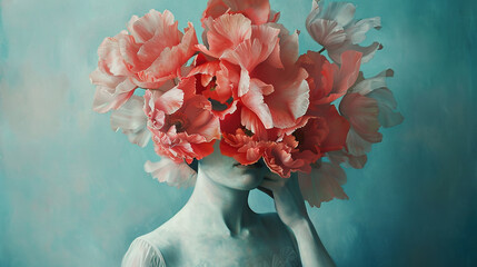 Abstract Portrait with Pink Floral Blooms and Surreal Art Concept