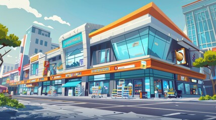 Building exterior on street of a supermarket. Modern cartoon illustration of a summer cityscape with a modern store facade with pharmacy and shopping cart on a parking lot - obrazy, fototapety, plakaty