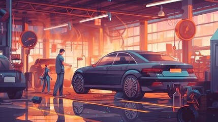 auto mechanic changing tire on car in auto repair shop garage, service and maintenance concept