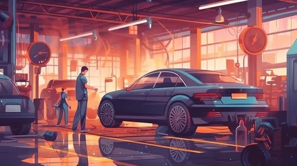 Poster auto mechanic changing tire on car in auto repair shop garage, service and maintenance concept © Dzikir
