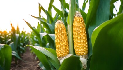 Corn cobs close-up on a corn plantation field. Organic vegetable growing concept.
