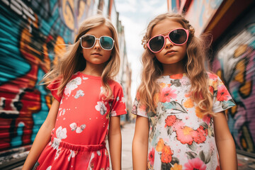 Obraz premium Stylish sisters posing in urban alleyway