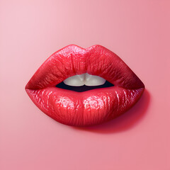 A close-up of a red lip with a pink background. The lip is shiny and full, with a hint of gloss. Concept of confidence and glamour, as the red lip is a bold. Generative AI - obrazy, fototapety, plakaty