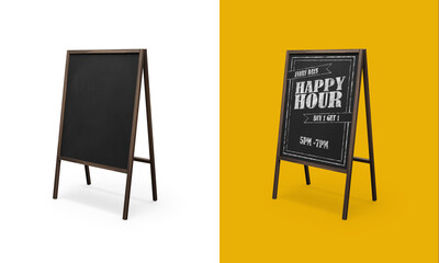 Realistic blank board for menu announcement with  example. Street chalkboard frame standee.  3D rendering. Transparent background illustration.