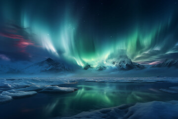 Mystical aurora borealis over icy landscape - obrazy, fototapety, plakaty