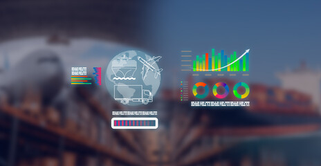 logistics and international business concept. hologram with graphics and symbols. out-of-focus...