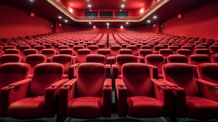 Empty cinema auditorium with red seats and spotlights. Cinema concept - obrazy, fototapety, plakaty