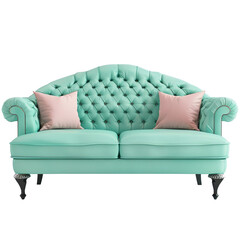 Vintage fashion leather mint sofa with pink pillows on the transparent background