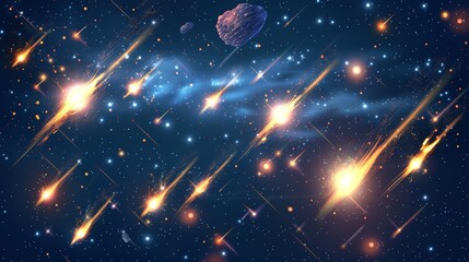 Realistic 3D modern illustration showing meteor rain in the universe, with star dust, and comets shooting into space. Fireballs falling with glowing trails. Meteorites on transparent background. - obrazy, fototapety, plakaty