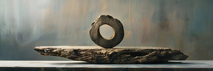 An artistic still life photograph featuring a piece of wood with a perfectly circular hole in the center placed on a table. The natural material and symmetry create a visually intriguing composition - obrazy, fototapety, plakaty