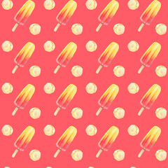 Ice Cream seamless pattern with fruit ice popsicle and vanilla scoop with a sweet pink background. Hand painted watercolor food illustration with summer desserts for product design, fabric and paper.