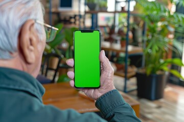 App preview over shoulder of a senior man holding an smartphone with a fully green screen - obrazy, fototapety, plakaty