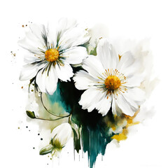 white daisies. a bouquet of beautiful flowers. drawing. illustration. artificial intelligence generator, AI, neural network image. background for the design.