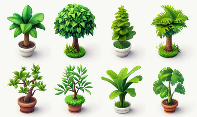 Plant shoot, potted houseplant, tree, grass, 3d cartoon icon set white background