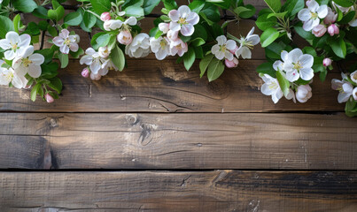 Spring apple blossoms flowering branch on wooden background with copy space
