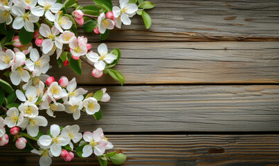 Spring apple blossoms flowering branch on wooden background with copy space - Powered by Adobe