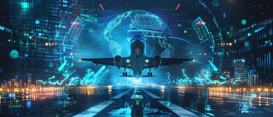 Futuristic air travel - a modern aircraft amidst dynamic digital data streams and a glowing globe symbolizing advanced technology and global connectivity