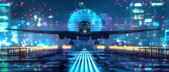 Futuristic air travel - a modern aircraft amidst dynamic digital data streams and a glowing globe symbolizing advanced technology and global connectivity