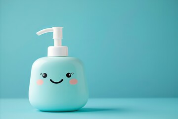 A personified soap dispenser with a contented smile promotes hand cleanliness and hygiene, set against a soothing, simple blue background - obrazy, fototapety, plakaty