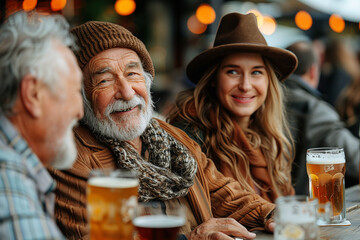 Beer makes cheerfulness: people at a Bavarian beer garden drinking beer and friendly talking with unknown persons nearby