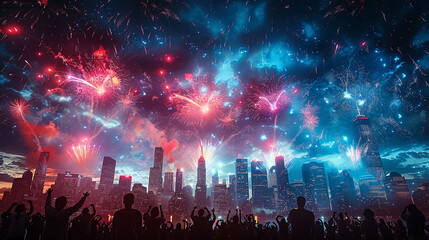 Spectacular fireworks display over city skyline.