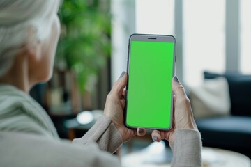 App demo near shoulder of a mature woman holding an smartphone with an entirely green screen