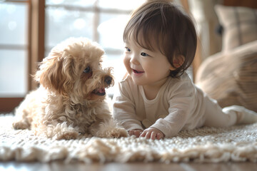 Adorable toddler and puppy bonding on fuzzy rug indoors