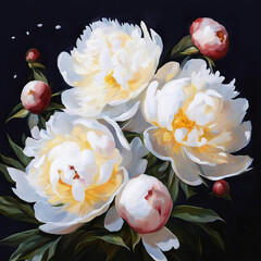 white peonies. a bouquet of beautiful flowers. drawing. illustration. artificial intelligence generator, AI, neural network image. background for the design.