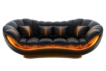 Luxurious black leather sofa isolated on a transparent background