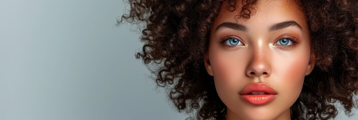 In a fashion portrait, a young woman's beauty is accentuated by flawless makeup and captivating...