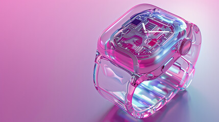 Futuristic Transparent Smartwatch Design with Visible Circuitry on a Pink Background