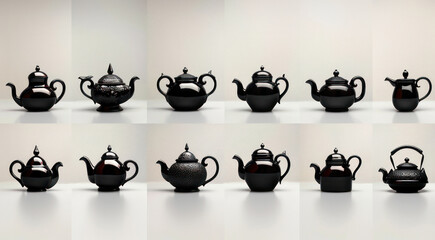 Row of Black Teapots on Table