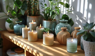 Fototapeta na wymiar Variety of Candles on Table