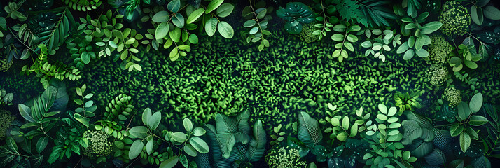 A rectangular green background filled with spots, resembling a natural landscape. The greenery consists of various terrestrial plants, creating a lush and vibrant scene - obrazy, fototapety, plakaty