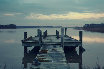 Tranquil scene of an old wooden pier leading out into calm blue waters during twilight, reflecting...