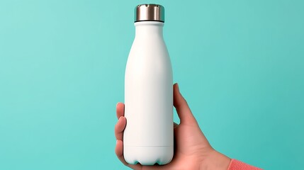 Female hand holding a bottle of protein shake on a turquoise background