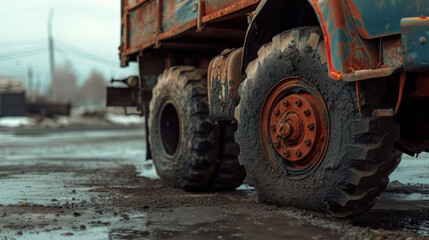 The golden hour illuminates a truck's wheels as it traverses a deserted highway