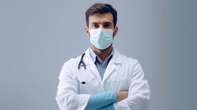 male doctor in medical mask and gloves with stethoscope on grey background