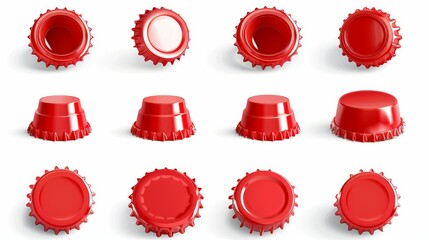 Circle screw lid for drink containers isolated on white background. Red plastic cap for bottles of water, soda, beer, or juice in various angles.