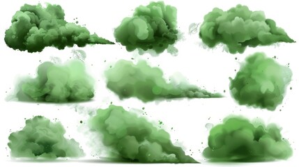 A realistic green smoke, stink, bad smell or poison gas cloud. Chemical toxic vapour, stench breath, sweat. A set of isolated smelly garbage miasma, fume design elements, 3D modern illustration. - obrazy, fototapety, plakaty