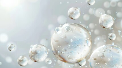 Detailed background with drops, liquid silver colored bubbles. Water, serum, gel or collagen texture. Beauty product, moisturizer, skincare product. Skin care cosmetic hydration.