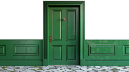 Green single door for home isolated on transparent background. Interior design concept.