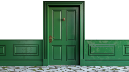 Green single door for home isolated on transparent background. Interior design concept.