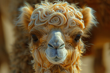 Generate an image capturing the endearing innocence of a baby alpaca's woolly face in extreme close-up, with big, soulful eyes and a velvety nose framed by fluffy tufts of fur, inviting viewers 