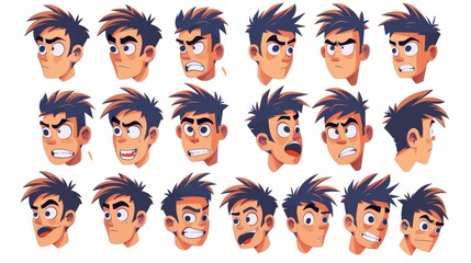 Cartoon of Asian man with different eyes, nose, mouth, hairstyle for avatar creation. Game design elements.