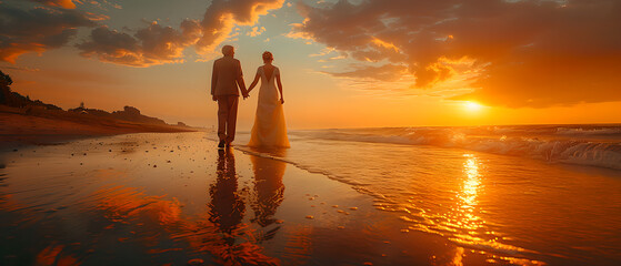 Silhouette of bride and groom walking on beach at sunset