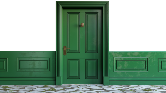 Green single door for home isolated on transparent background. Interior design concept.